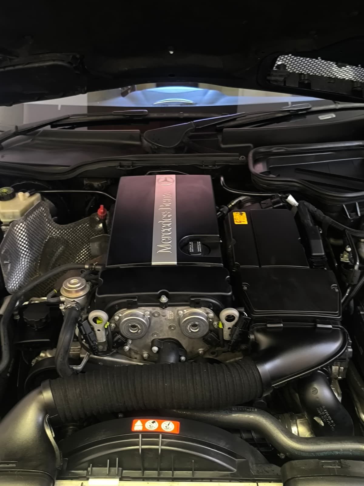 Mercedes-Benz engine bay after a degrease and dress, covers and hoses cleaned back to a factory finish